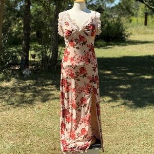 Jessica Simpson BOHO Spaghetti Strap Floral Lace Trim Maxi Dress Size Large